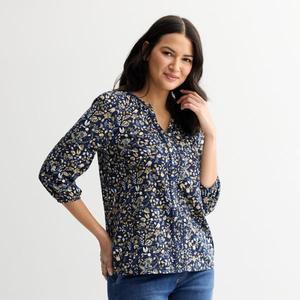 Женский топ с разрезом на горловине и отделкой в виде помпонами Croft & Barrow, цвет indigo harvest ditsy