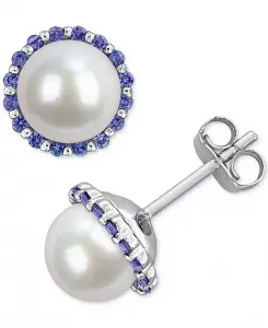 Серьги-Гвоздики с культивированным пресноводным жемчугом (7-7,5 мм) и сапфирами (3/8 карата) из стерлингового серебра Macy'S, blue