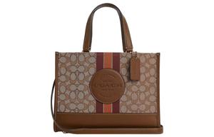 Демпси Ткань Кожаная Вставка Одноплечевая Сумка Большого Размера Женская Цвет Хаки и Седло Коричневый COACH