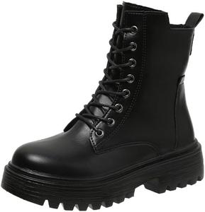 Женские ботинки на шнуровке с боевым стилем, кружевные, с невысоким каблуком и платформой, с боковой молнией, круглым носком, удобной плоской подошвой, ботильоны на щиколотку для женщин Generic, Black