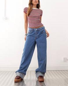 COLLUSION X002 джинсы средней потертости с широкими штанинами, отворотом и красной строчкой