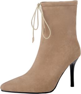 Женская мода Ботильоны на высоком каблуке 9,5 см с зауженным носком и шнуровкой, элегантные короткие ботинки LYYSKY, Apricot