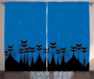 Штора ABAKUHAUS Rustic Night Curtain, Black Cat Starry Sky, универсальная ленточная штора для гостиной с петлями и крючками, 280 x 225 см, цвет: белый, черный, синий Abakuhaus