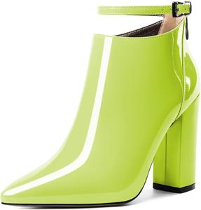Женские ботильоны Soireelady с высоким массивным каблуком, заостренным носком, классической молнией, элегантные ботильоны на зиму с регулируемым ремешком на щиколотке, Patent Light-Green