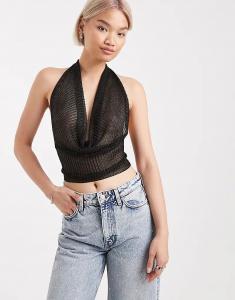 Блестящий трикотажный топ Edikted с воротником-хомутом и открытой спиной, черный цвет
