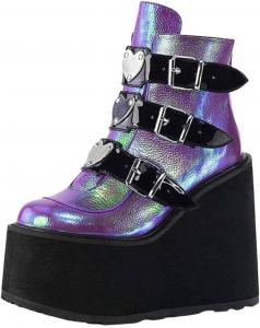 Женские готические ботинки ZBYY до колена, зимние, с круглым носком, из искусственной кожи, на высоком каблуке с платформой, байкерские с пряжкой, боевые ботильоны, 10.5 Purple