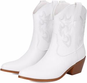 Женские короткие ковбойские ботильоны Alyaafifa с вышивкой, с низким каблуком на массивном блоке, закрытым заостренным носком, на подкладке, кожаные стильные винтажные удобные ботинки, A - White