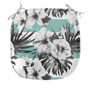 ABAKUHAUS Подушка для обеденного стула с цветочным принтом, экзотический гибискус в полоску, декоративная водонепроницаемая подушка с ремнями для кухонных сидений, 40 см x 40 см, серо-белый бирюзовый