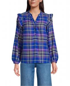 Женская фланелевая блузка-рубашка с оборками спереди Lands' End, Cobalt blue/bright grape plaid