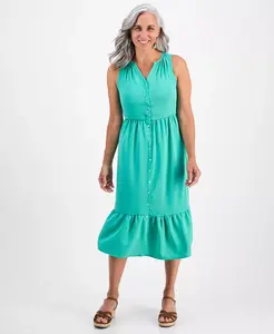 Миниатюрное платье миди без рукавов с пуговицами спереди Style & Co, зеленый