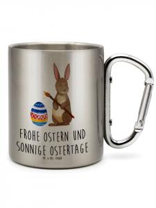 Серебристая термокружка с изображением кролика, росписью на яйцах и надписью. Mr. & Mrs. Panda