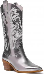 Женские ковбойские ботинки RKQ металлические блестящие до середины икры с блестками, вышитые ботинки, западные ботинки, с острым носком, на толстом каблуке, с язычками для надевания, классические сексуальные праздничные ботинки, Prata Metálica.