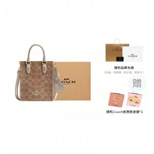 COACH Кожаная сумка для нот из котированного холста с наплечным ремнем миниатюрная женская хаки