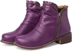 Женские ботильоны Alyaafifa с низким удобным каблуком, закрытый круглый носок, мягкие короткие кожаные зимние повседневные ботинки с молнией, Purple