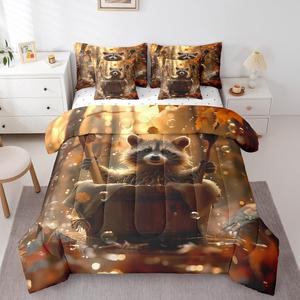 Erosebridal Комплект постельного белья 3D Raccoon Kawaii с изображением енота и осенних кленовых листьев, Grey Yellow