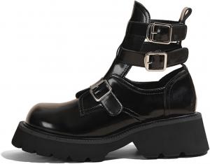 Женские ботинки Tokouk из лакированной кожи с рифленой подошвой, средней высоты, с вырезами, на шнуровке с регулируемыми пряжками, невысокий блочный каблук, мотоциклетный стиль, ботильоны челси на платформе, Black