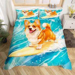 Erosebridal Комплект постельного белья Surfer Corgi с принтом серфинга и собак для детской комнаты в морском стиле, Orange Blue Yellow