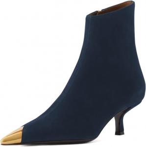 Женская мода Сексуальные ботильоны с низким каблуком, застежкой-молнией сбоку, металлическим заостренным носком, для ночного клуба и вечеринок, размер 4-16 США Wo wagas, Navy