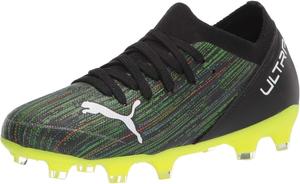 Футбольные бутсы PUMA Ultra 3.2 FG/AG JR, черно-белые с желтыми акцентами, размер 5 US для детей