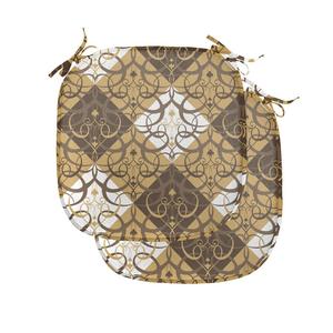 Подушки на обеденный стул ABAKUHAUS в восточном стиле, дамасский узор и завитки, декоративная водонепроницаемая подушка с ремнями для кухонных сидений, 40 см x 40 см — упаковка из 2 шт., песочно-коричневый, белый, янтарно-коричневый