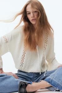 Блузка из жатой ткани с кружевными вставками H&M, бежевый