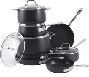 All-Clad набор посуды HA1 Hard Anodized Nonstick 13 предметов для индукции, духовки и гриля до 260°C, крышки до 175°C, кастрюли и сковороды черные