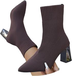 Женские вязаные носочные ботильоны с низким каблуком - минималистичные ботинки-чулки с толстым каблуком, тянущиеся вязаные узкие повседневные ботинки для осени и зимы Generic, Dark Brown