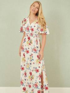 Платье миди с цветочным развевающимся рукавом Yumi, слоновая кость/разноцветный