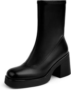 Женские ботильоны на среднем каблуке с квадратным носком, эластичные, свободные по голенищу, с платформой, замшевые, с молнией, массивным каблуком и носочной частью Soesyi, Black