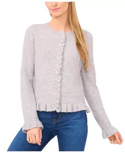 Женский кардиган с длинными рукавами и оборкой по краю CeCe, серый