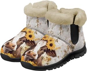 Зимние ботинки Jeiento Cow для женщин, уличные зимние ботинки без шнурков с подсолнуховым принтом, противоскользящие прогулочные ботинки, Brown Cow Sunflower