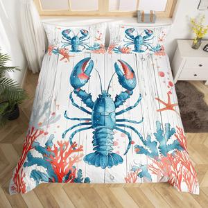 Erosebridal Комплект постельного белья Lobster Duvet Cover с морскими животными в сине-красной гамме, Blue Red