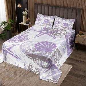 Erosebridal Комплект постельного белья Nautical Ocean в морской тематике с ракушками, морскими звездами и кораллами, фиолетово-серый с водяными узорами, Purple,grey