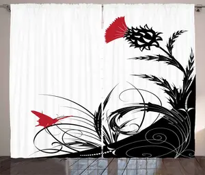 Штора ABAKUHAUS Чертополох в деревенском стиле, мотив Цветы и бабочки, присборенная тесьма для спальни с петлями и крючками, 280 x 175 см, цвет: ярко-белый Abakuhaus