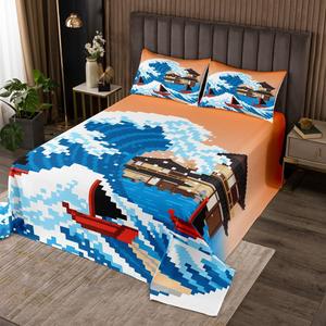 Erosebridal Стиль Pixel Стеганое Одеяло Ukiyo-E Японские Морские Волны Закат Синий Черный Красный Мягкое Роскошное Покрывало, Blue Black Red