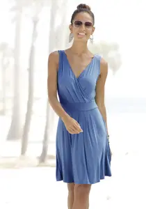 Пляжное платье из джерси с глубоким V-образным вырезом и запахом, летнее платье, базовое исполнение Beachtime, синий