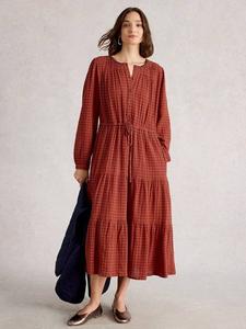 Хлопковое платье таша с длинным рукавом и v-образным вырезом миди в клетку White Stuff