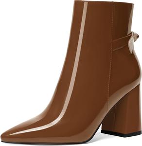 Женские ботильоны AMBELIGHT с острым носком на молнии для свиданий, лаковые, с широким каблуком 3,3 дюйма, Brown
