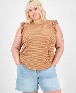 Женская трикотажная блузка в полоску с оборками и короткими рукавами, размеры PXS-3X Democracy, Sahara Sand