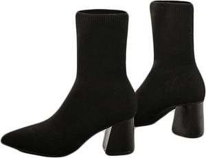 Женские осенне-зимние сапоги Yiozoi до середины икры с заостренным носком, уличные скуфовые каблуки, носочные сапоги, повседневная обувь и легкие тапочки, Black Plush 6.5Cm