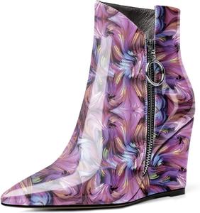 Женские ботильоны Eldof на танкетке с острым носком и молнией, короткие ботинки на каблуке 3,5 дюйма для ходьбы, Patent Floral Purple