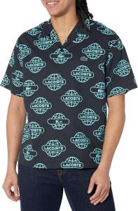 Lacoste мужская короткая рукав печатный глобус рубашка на пуговицах, Black/Cove
