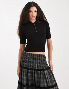 Поло Vero Moda из структурированного трикотажа с рукавами 1/2 и пуговицами спереди, черного цвета