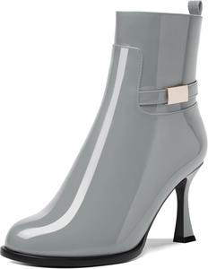Женские ботильоны на молнии с круглым носком, лаковые, для улицы, с высокими каблуками 3,3 дюйма DEMOSHINE, Grey