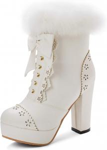 Женская мода Толстые каблуки Платформа Теплые меховые ботильоны на молнии Сладкий бантик Лолита Короткие ботинки LYYSKY, White