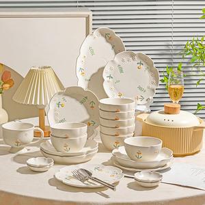 Ceramics Набор тарелок и мисок Chrysanthemum Fresh and Simple, керамическая посуда для дома в стиле Instagram, подарок на новоселье, мелкий цветок хризантемы, неглубокая тарелка 21,5 см