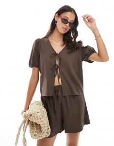 Топ с короткими рукавами и завязкой, шоколадно-коричневый цвет
