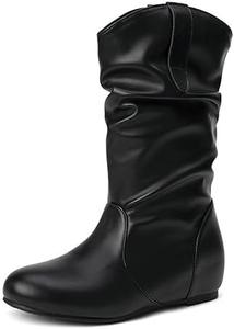 Женские сапоги AngryMonkey с широким носком, средней высоты, на плоской подошве, из искусственной кожи с эффектом складок, зимние ботинки без застежки до колена, большие размеры, ковбойский стиль, Black