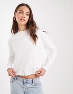 Футболка Miss Selfridge с длинными рукавами и оборкой по подолу, белая