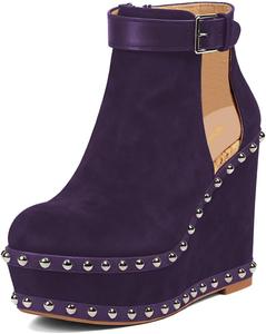 Женские закрытые ботильоны с круглым носком, заклепками, вырезами, ремешком с пряжкой, боковой молнией, платформой и клиновидным каблуком, на высоком каблуке, для вечеринок и повседневной носки, размеры 4-16 US Wansseny, Purple